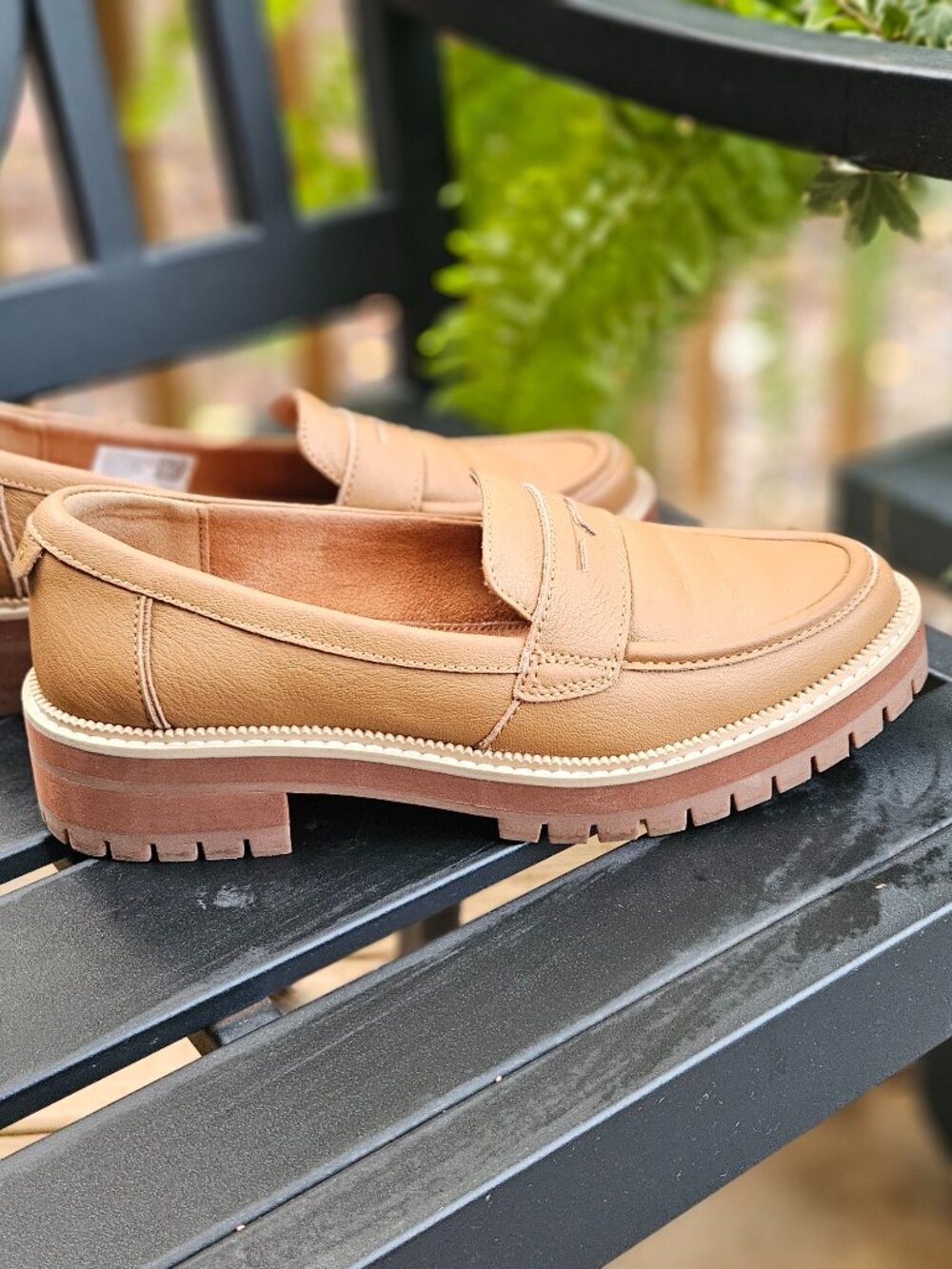 TOMS CARA Tan Leather Lug-Sole Penny Loafers Block Heel Women’s Size 8